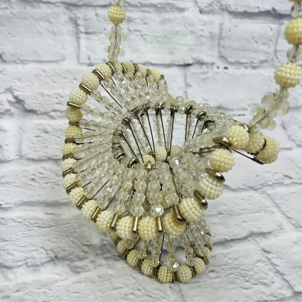 Vintage Handmade Beaded Safety Pin Basket Mid Century Pearl Silver 12
